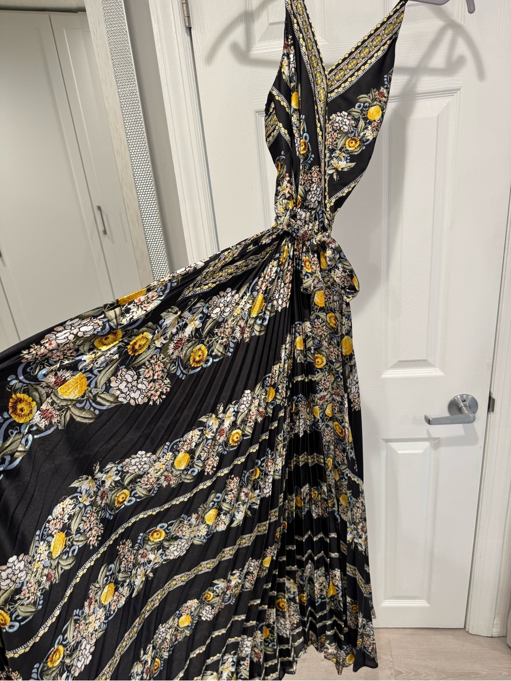White House Black Market Black Floral V-Neck Maxi Dress with Yellow Accents